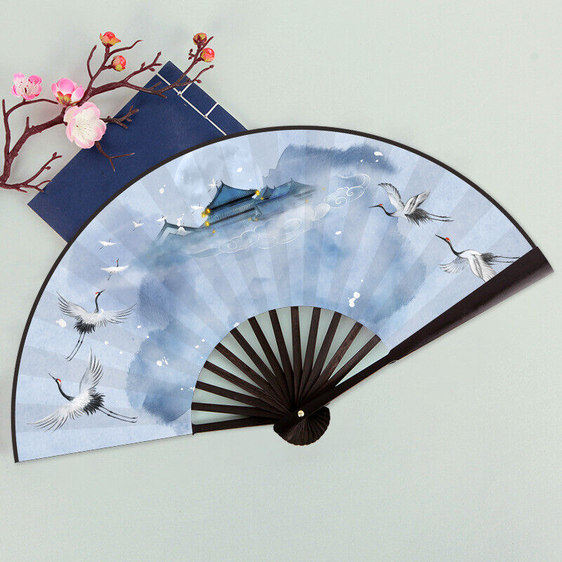 New Chinese Japanese Heaven Cranes Over Palace Cloth Wooden Hand Fan ccfan207