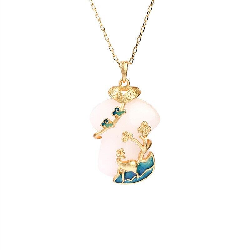 Chinese Qipao Shaped Jade Gold-Plated Pendant Deer & Tree Blue Enamel Decor