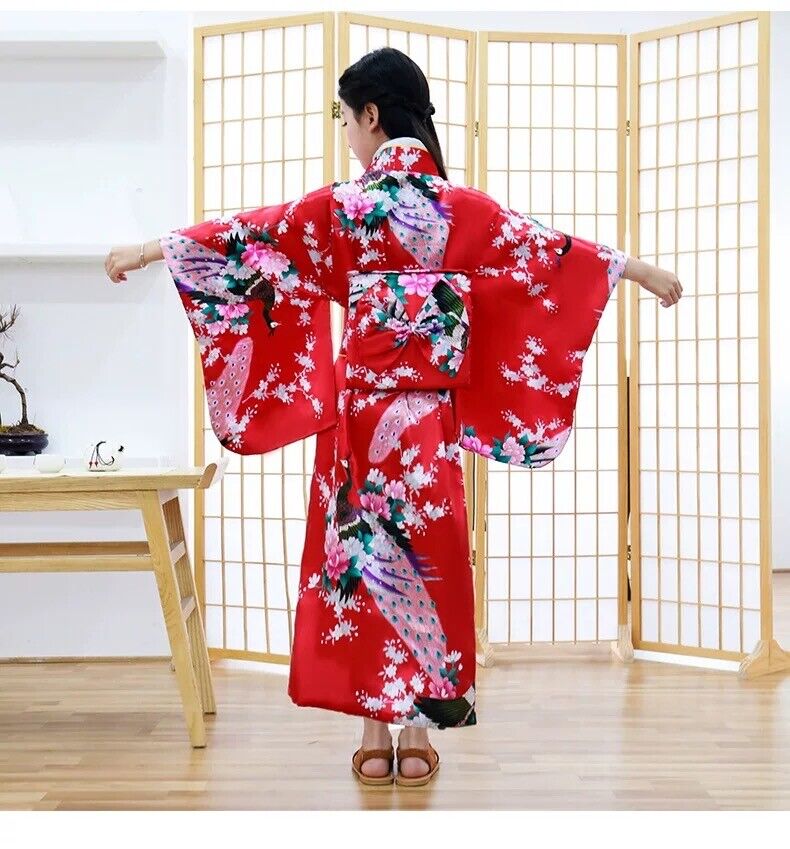 New Japanese Childrens Girls Red with Flower Prints Long Kimono Outfit gjk6