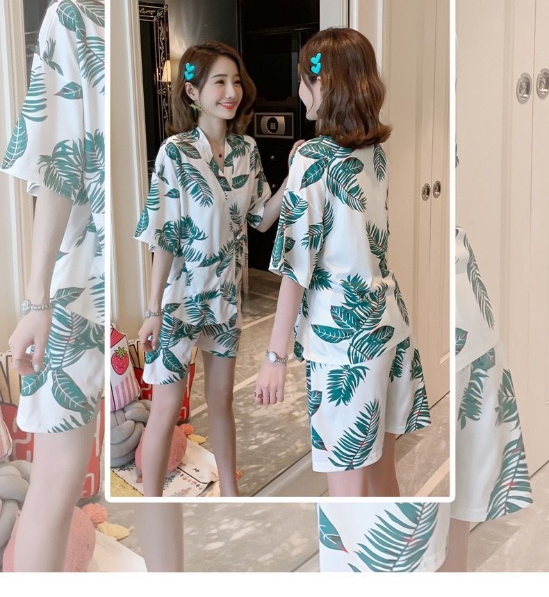 New Chinese Japanese Leaves Cotton White Short Ladies Kimono Pyjamas ladpj364