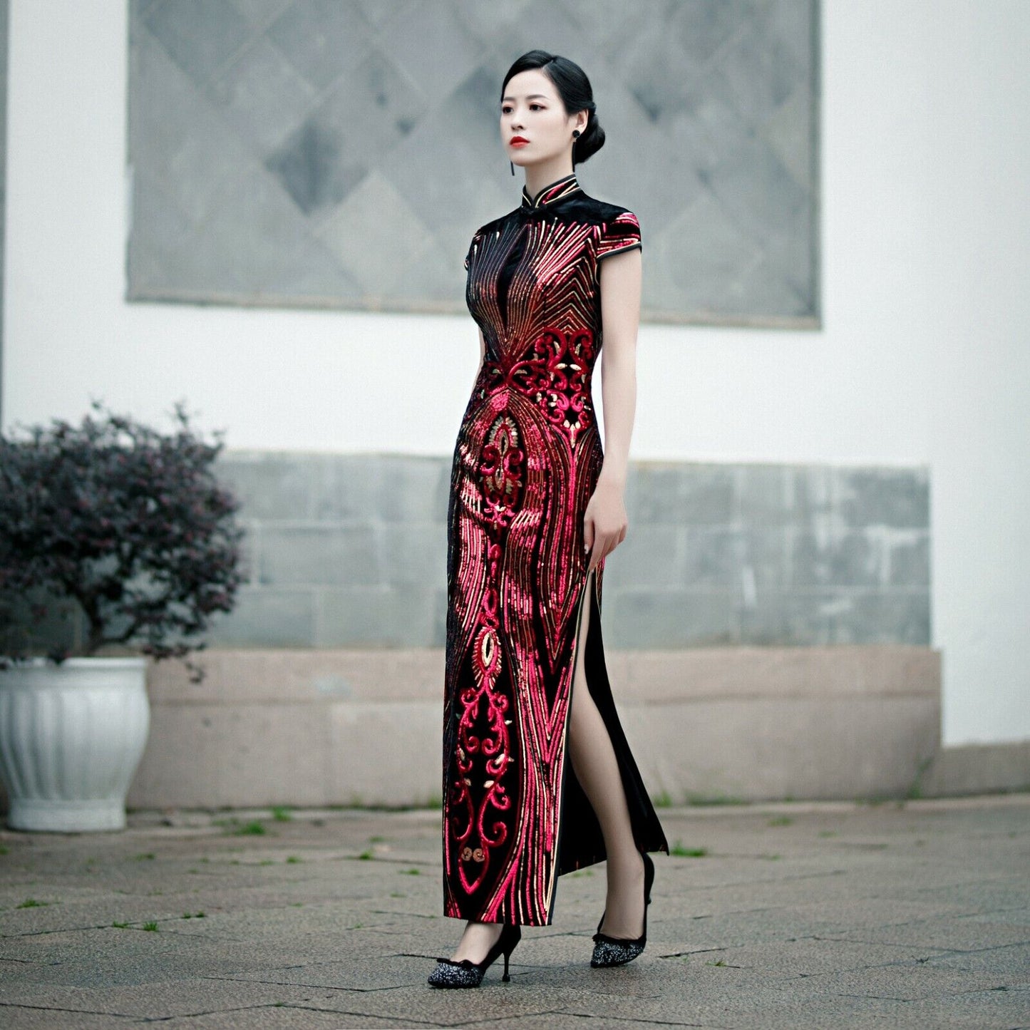 Luxurious Chinese Red & Gold Sequin Long Dress Cheongsam Qipao