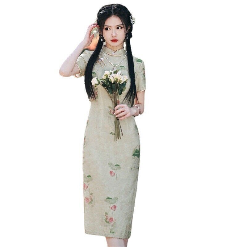 Luxurious Chinese Green Dual Layer Ramie Lotus Short Cheongsam Qipao Dress