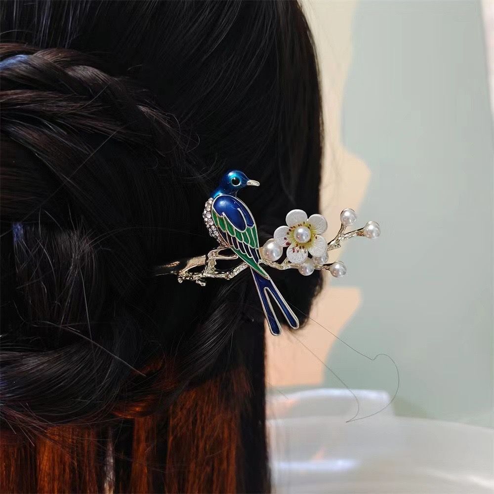 Exquisite Golden Hair Chopstick with Blue Enamel Magpie and Pink Cherry Blossom