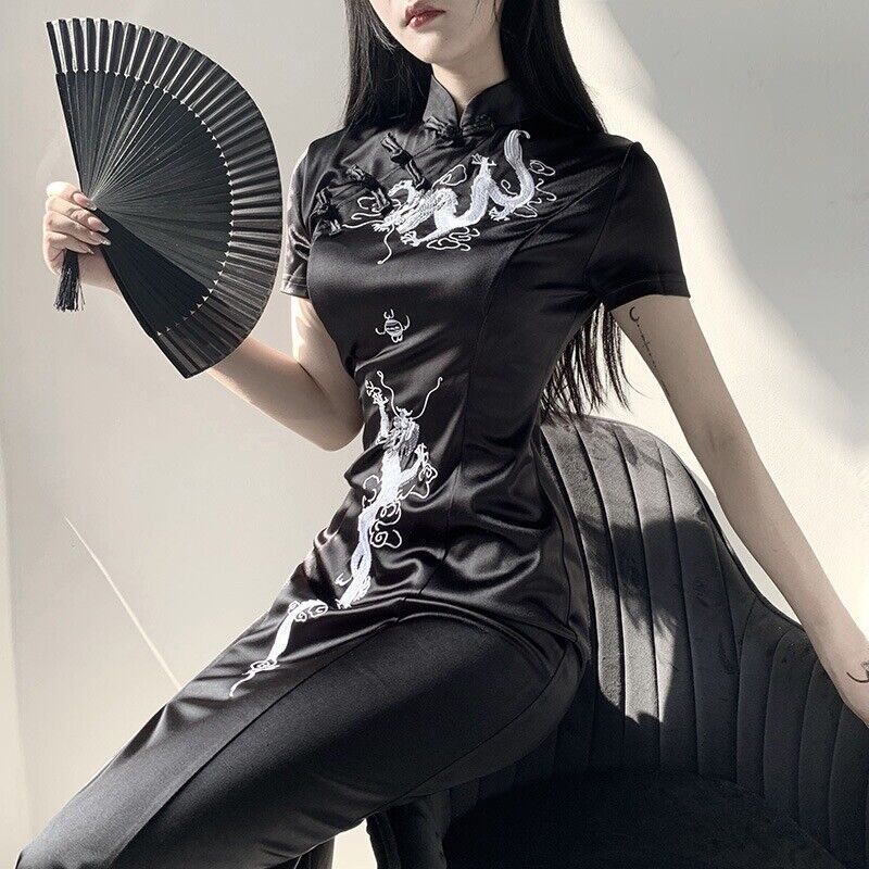 Luxurious Chinese Black Satin Long Dragon Cheongsam Qipao Dress lcdress155