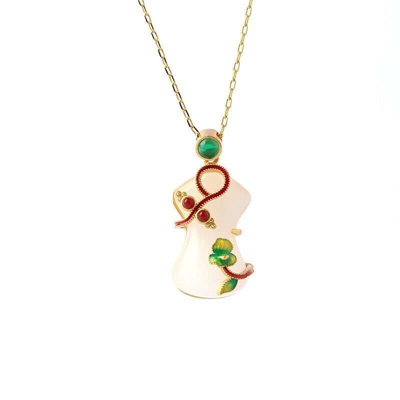 Chinese Ladies Qipao Shaped Gold-Plated Pendant Hetian Jade Enamel Necklace