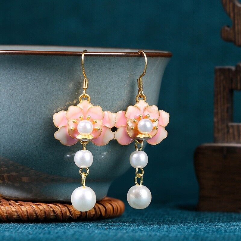 New Chinese Blooming Cherry Blossom Pearl Drop Hook Earrings with Gold Accents