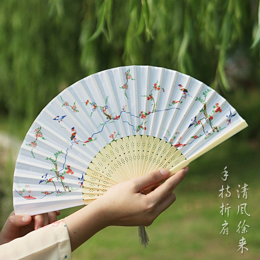 New Chinese Blossom Floral Trees with Singing Bird Blue Wooden Hand Fan ccfan221