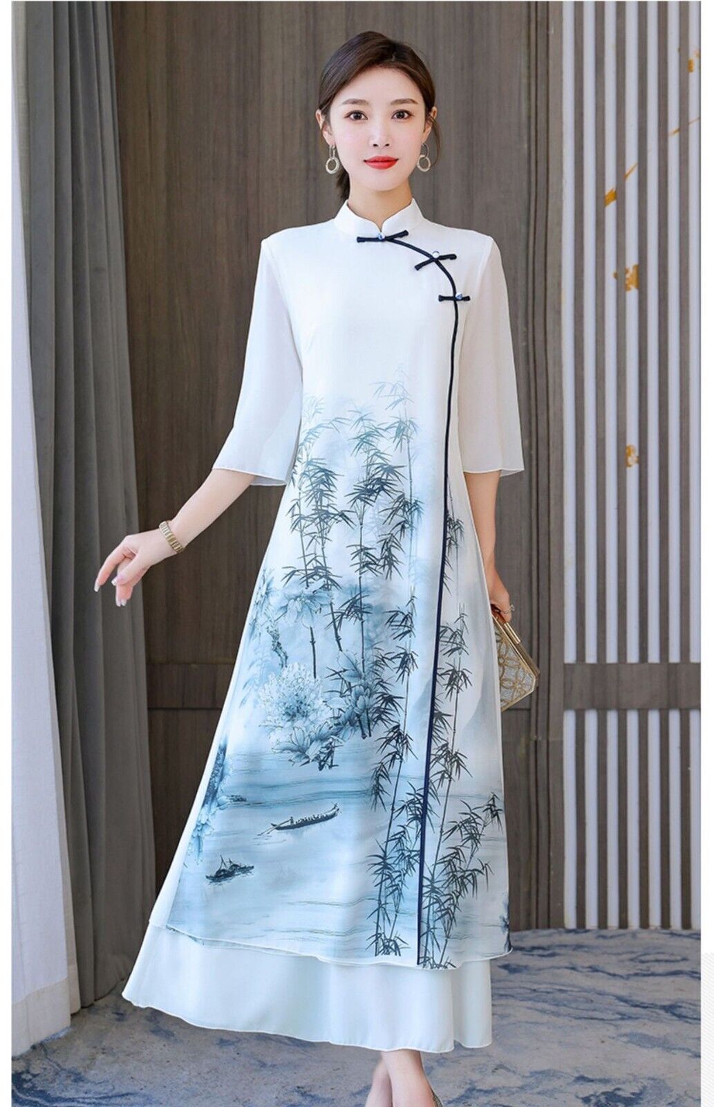 New Ao Dai Style Chinese Scenery Prints White Chiffon Long Cheongsam Qipao Dress