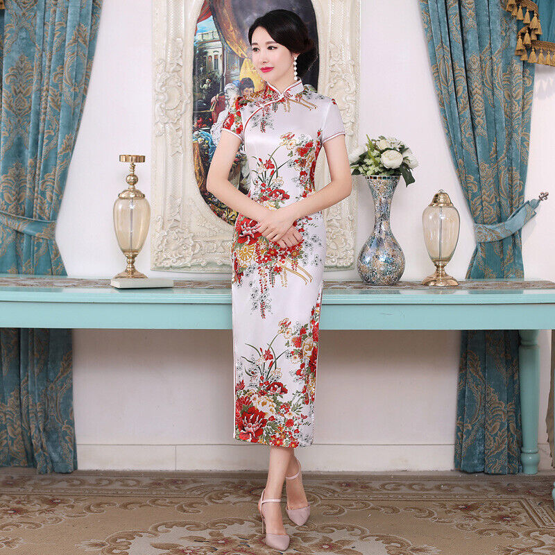 New Luxurious White Satin Floral Chinese Long Dress Cheongsam Qipao lcdress202