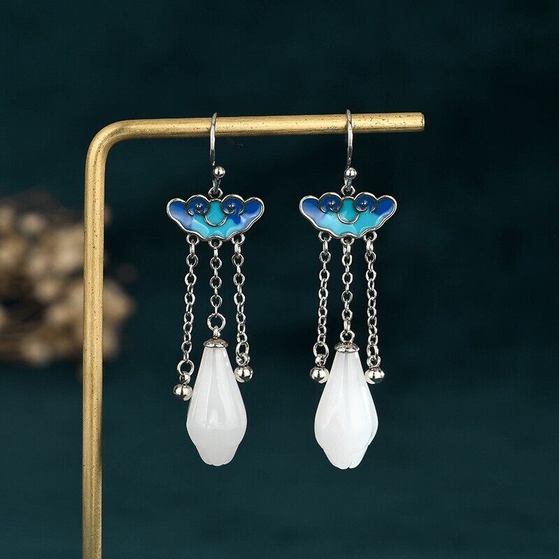 New Ladies Chinese Vintage Cloud Motif Cloisonné and White Jade Drop Earrings