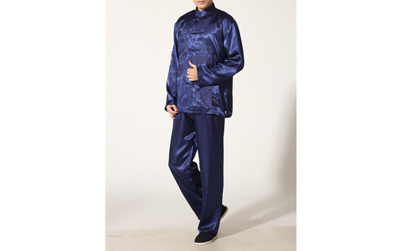 New Chinese Oriental Mens Martial Kung Fu Blue Dragon Pyjamas Pajama Set menpjs9