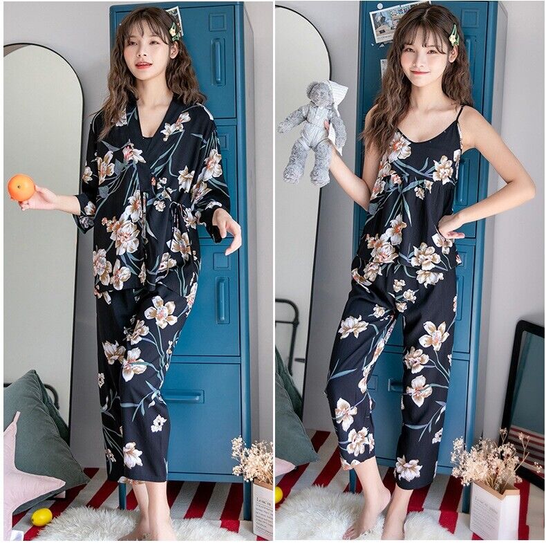 Black Chinese Japanese White Orchids Cotton Long Ladies Kimono Pyjamas ladpj366