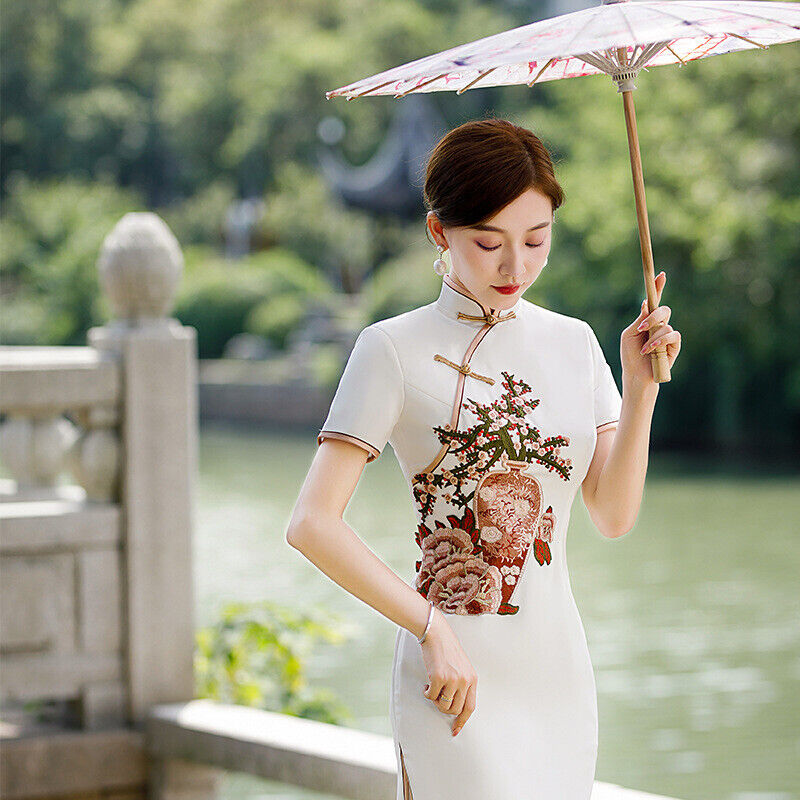 Luxurious Satin Chinese Pearl White Embroidered Long Dress Cheongsam Qipao