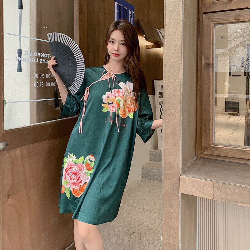 Ladies Dark Green Floral Print Chinese Style Knee Length Nightdress Nightie