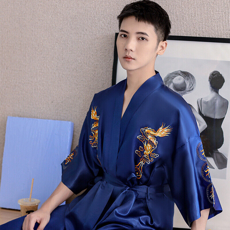 New Mens Royal Blue Satin Chinese Dragons Bathrobe Gown