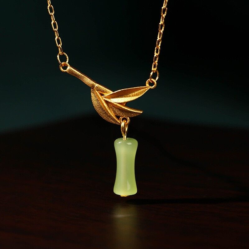 New Chinese Retro Bamboo Faux Green Jade Gold Plated Leaves Pendant Necklace