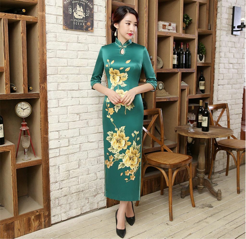 New Luxurious Golden Flowers Green Chinese Long Dress Cheongsam Qipao lcdress23