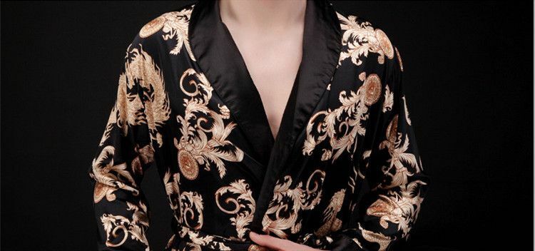 Mens Chinese Japanese Oriental Gold Dragons Black Bathrobe Dressing Gown mrobe5