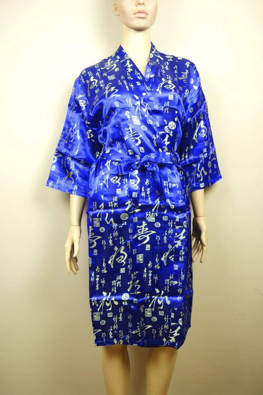 Gougeous Womens Ladies Chinese Japanese Oriental Kimono Blue Dressing Gown Robe