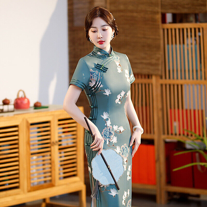 Ladies Green Silk White Floral Prints Long Chinese Style Qipao Cheongsam Dress