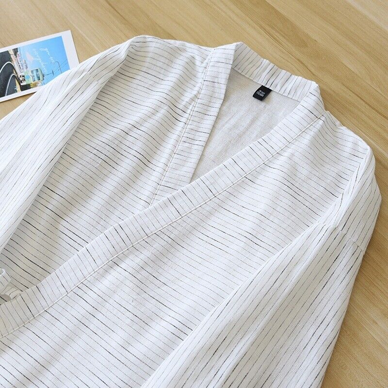 Chinese Japanese Mens White Stripes Long Kimono Pyjamas Pajamas menpjs55