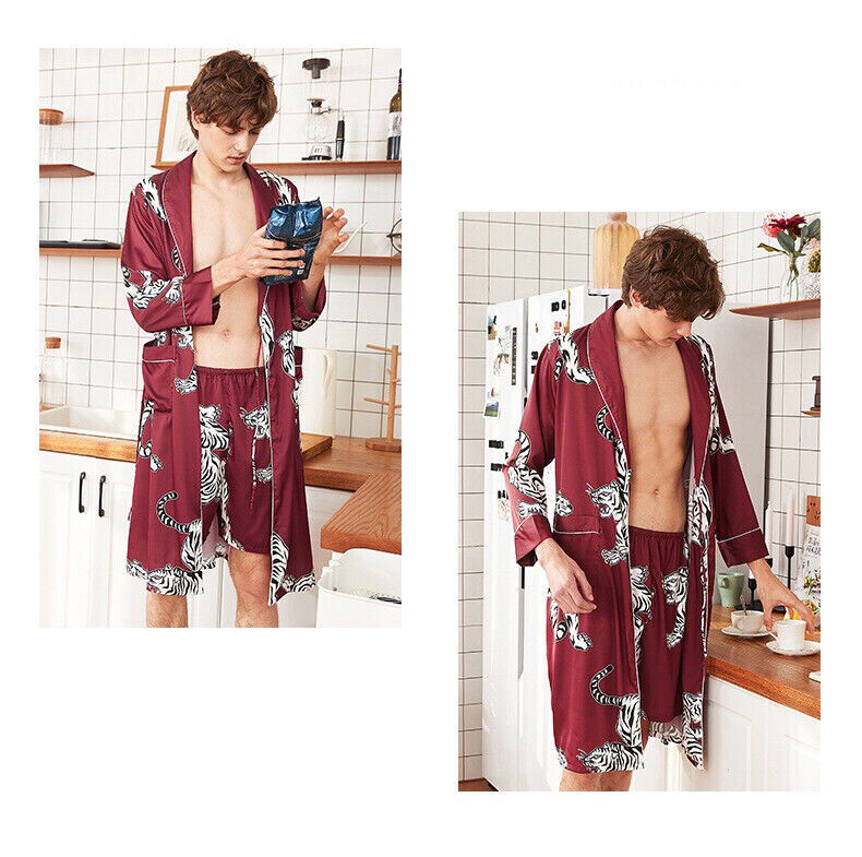 New Mens Chinese Japanese Oriental Red Tigers Bathrobe Gown and Shorts