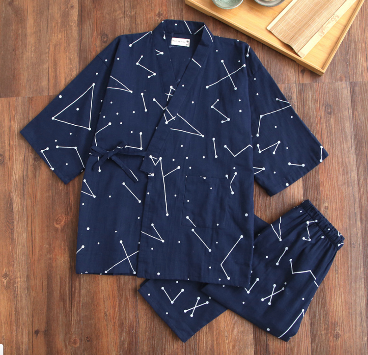 Chinese Japanese Mens Blue Constellations Lines Kimono Pyjamas Pajamas menpjs34