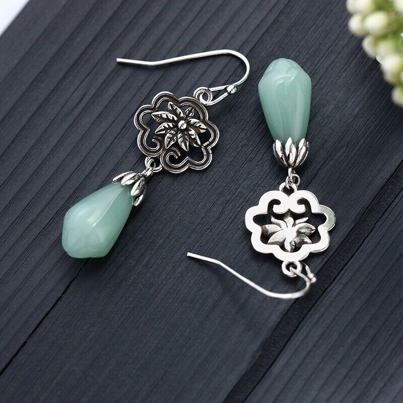 New Ladies Chinese Green Jade Floral Stainless Steel Dangling Hook Earrings