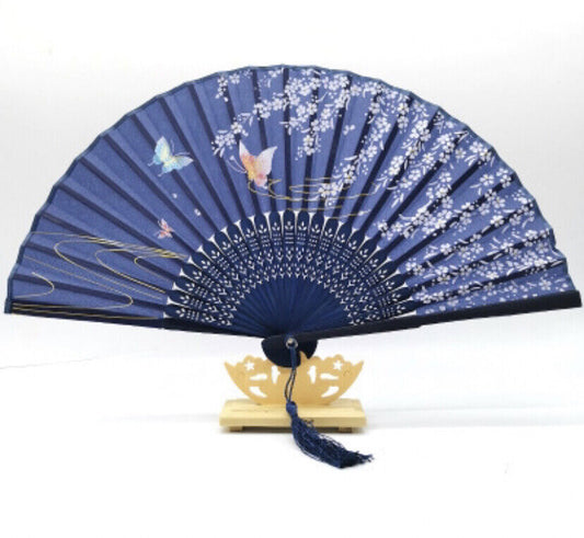 Chinese Midnight Blue Butterflies and Cherry Blossom Wooden Hand Fan ccfan225