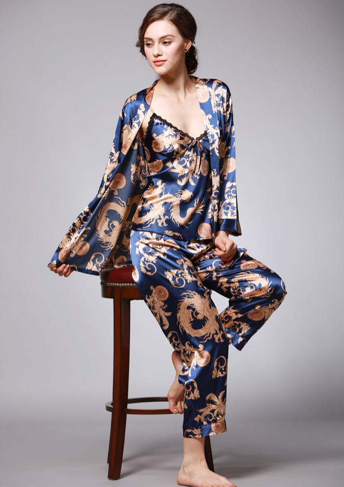 Luxurious Ladies Womens Set of 3 Oriental Golden Dragons Pyjama Pajama ladpj119