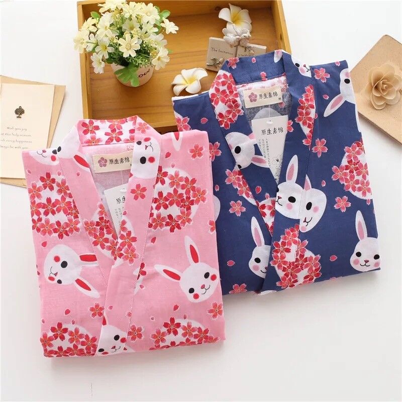 Chinese Japanese Rabbits Cherry Blossom Short Ladies Kimono Pyjamas ladpj175176