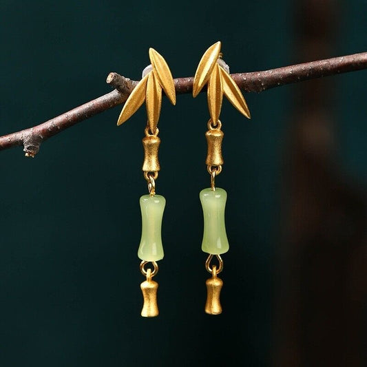 New Ladies Chinese Green Jade Bamboo Style Gold-plated Leaves Dangling Earrings