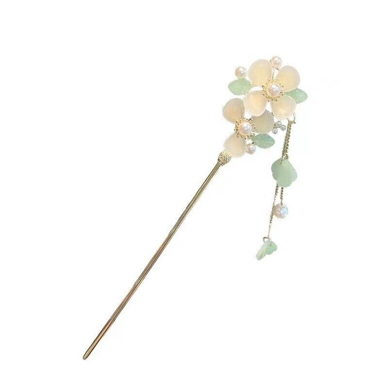 Golden Hair Chopstick with Light Pink Peach Flower Green Leaves Dangling Pearls