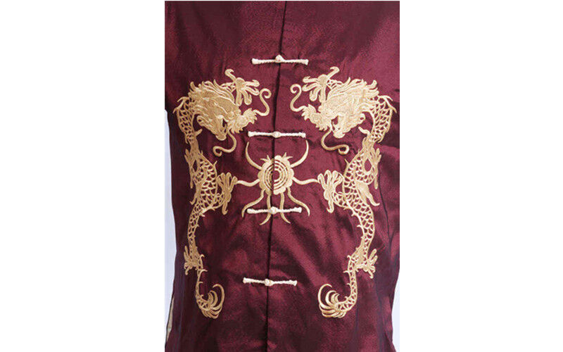 New Chinese Oriental Mens Kung Fu Satin Red Golden Dragon Top Long Shirt cmssh12