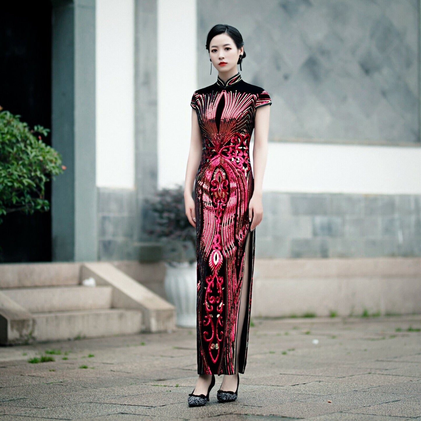 Luxurious Chinese Red & Gold Sequin Long Dress Cheongsam Qipao