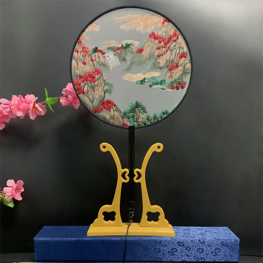 Chinese Double Sided Embroidered Yellow Mountain Scenery Round Wooden Hand Fan