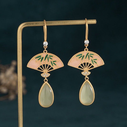 Chinese Style Gold-plated Cloisonne Palace Fan Earrings with Vintage Hetian Jade