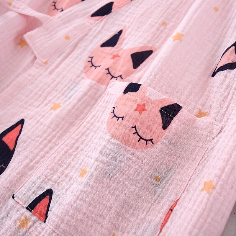 Chinese Japanese Cute Cats and Stars Pink Long Ladies Kimono Pyjamas ladpj313