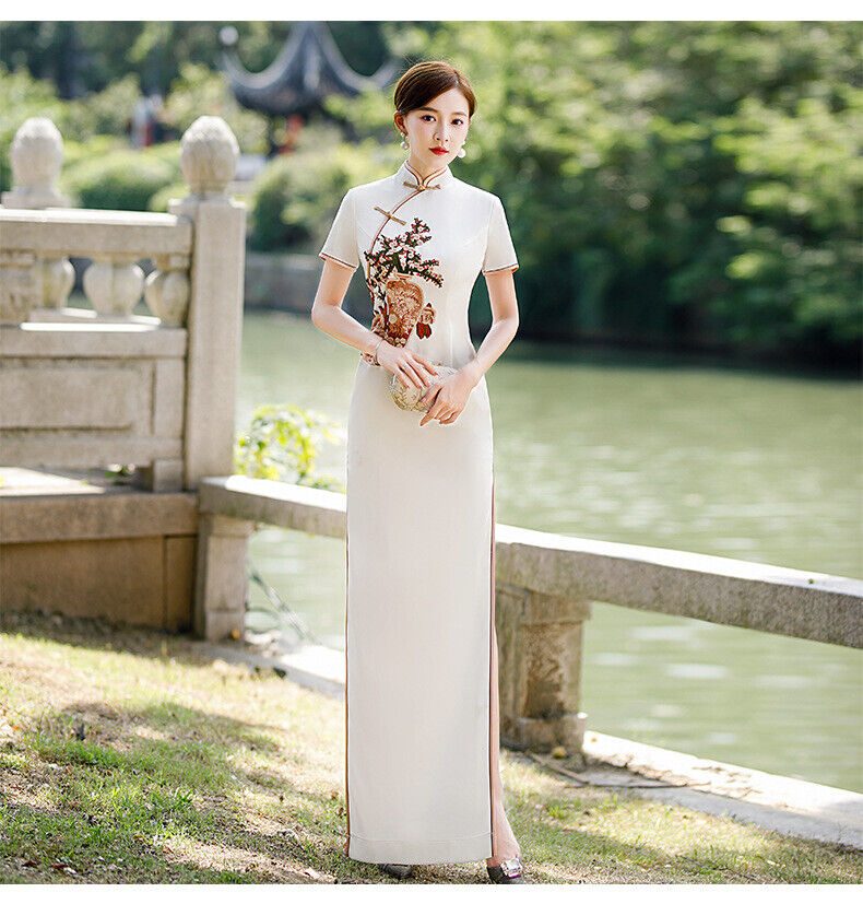 Luxurious Satin Chinese Pearl White Embroidered Long Dress Cheongsam Qipao