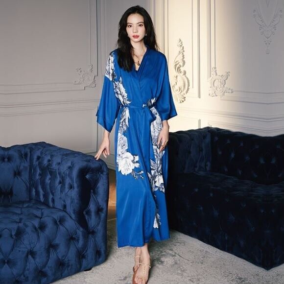 Satin Chinese Japanese Royal Blue Floral Prints Trim Kimono Dressing Gown