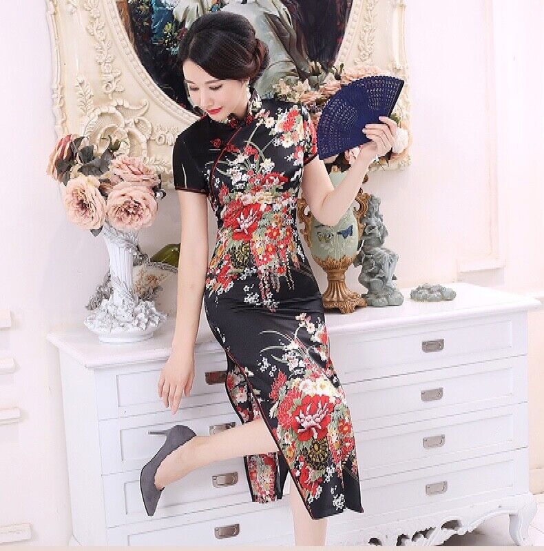 New Luxurious Black Satin Floral Chinese Long Dress Cheongsam Qipao lcdress195