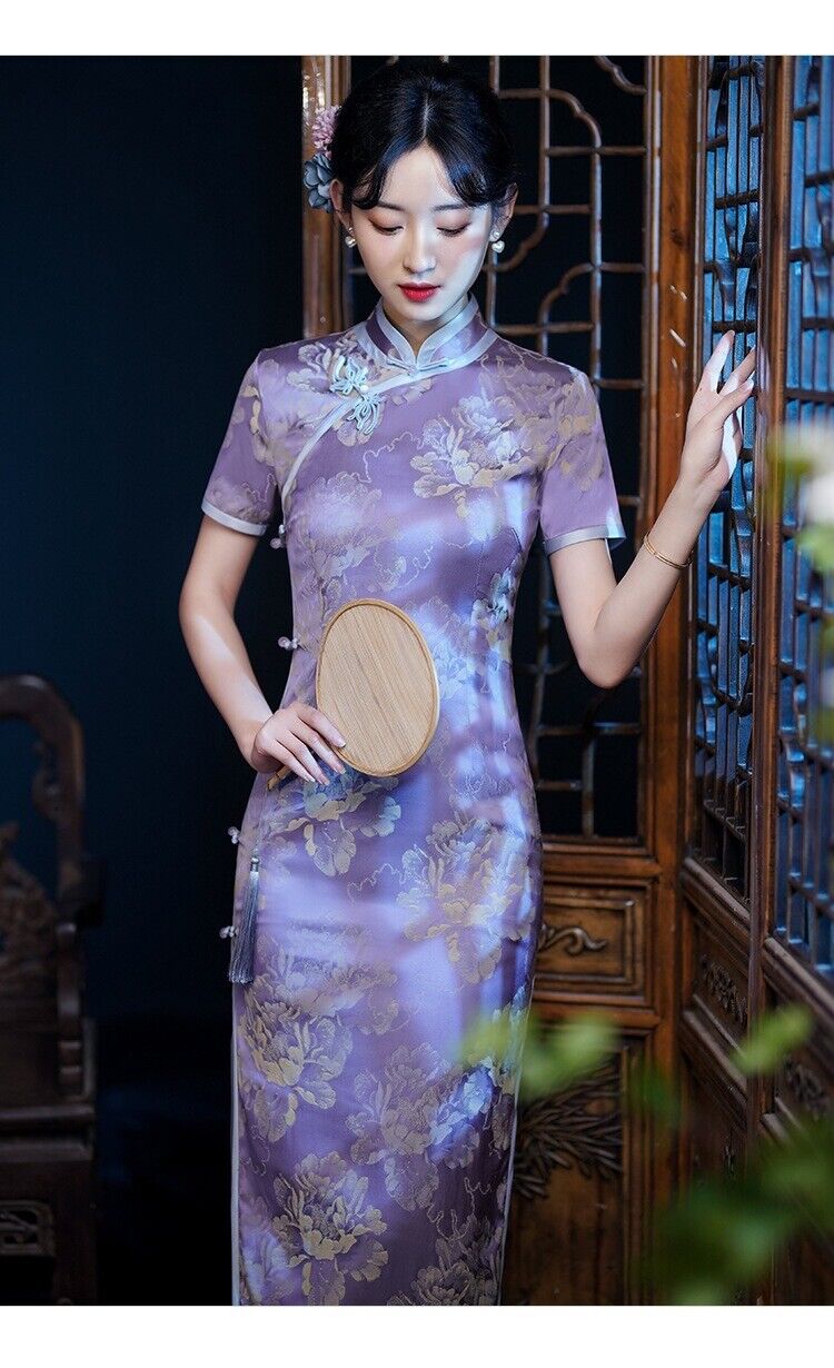 Acetate Satin Violet Jacquard Chinese Style Qipao Elegant Flying Flower Buckle