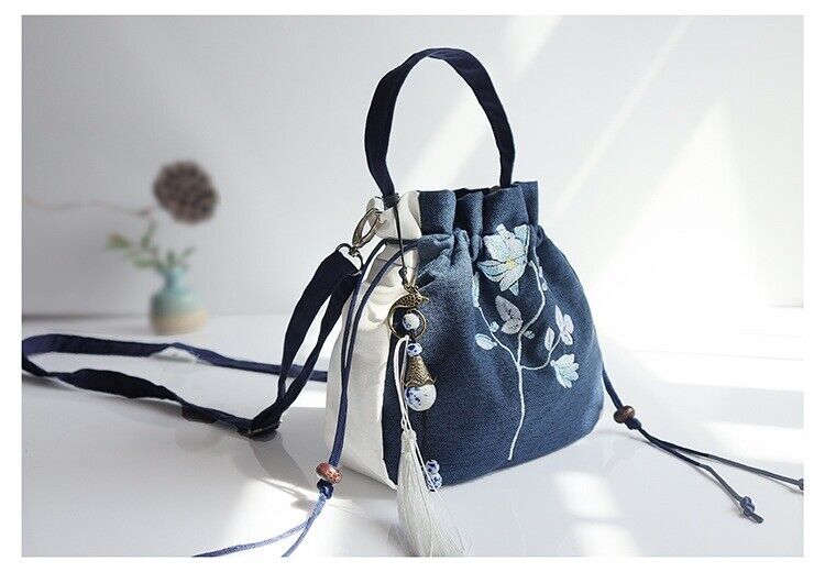 New Ladies Chinese Canvas Pouch Style Embroidered Handbag with Shoulder Strap