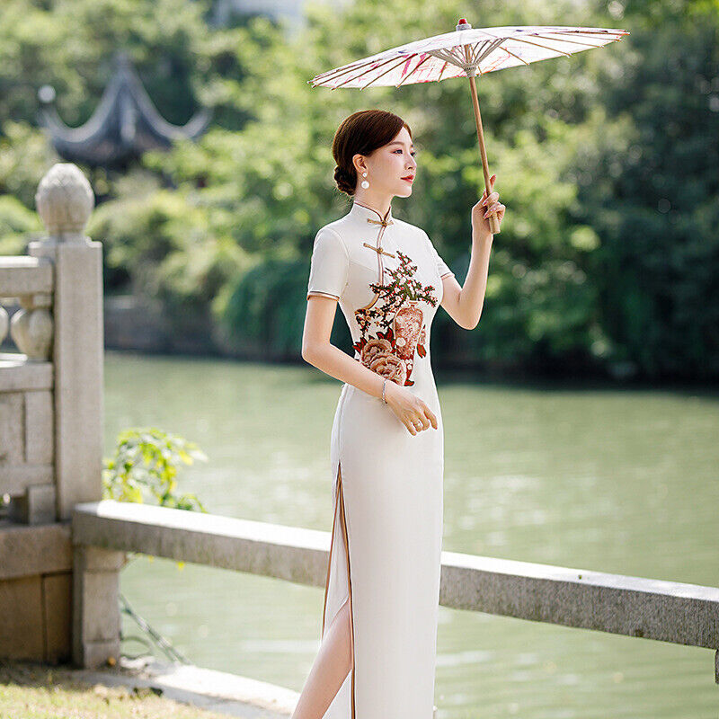 Luxurious Satin Chinese Pearl White Embroidered Long Dress Cheongsam Qipao