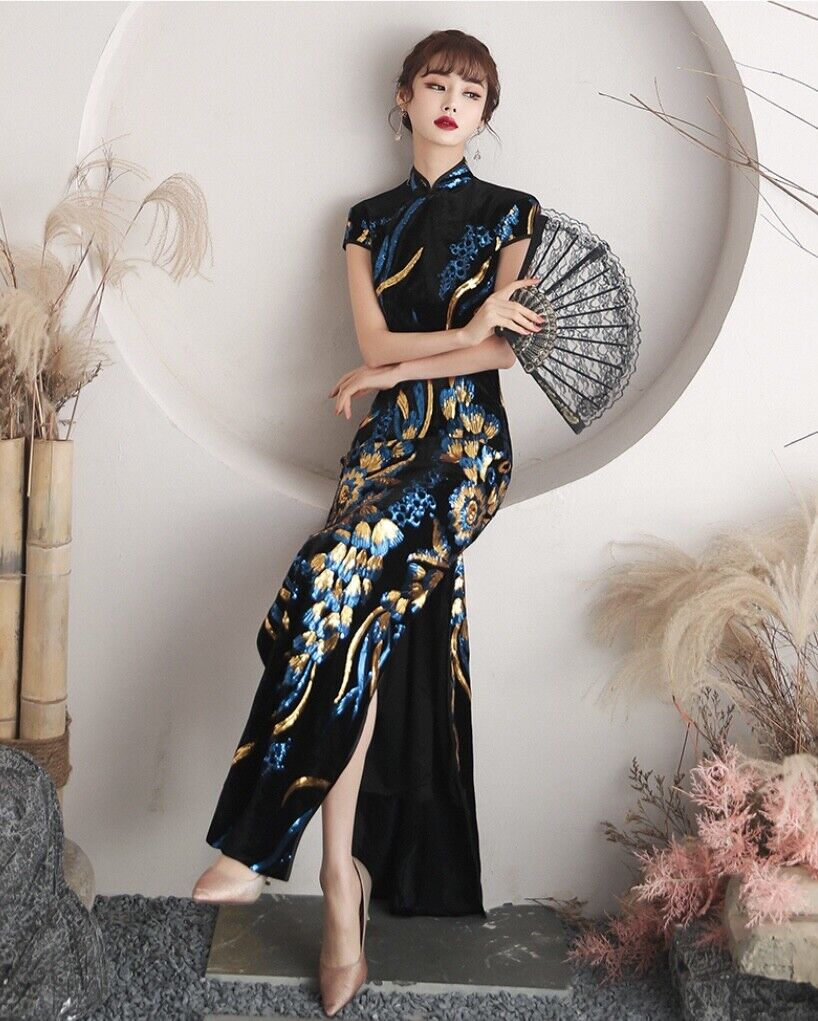 New Luxurious Black Royal Floral Chinese Sequin Long Dress Cheongsam Qipao