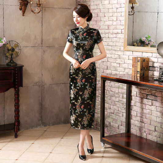 Luxurious Black Satin Dragon Phoenix Chinese Dress Cheongsam Qipao lcdress53