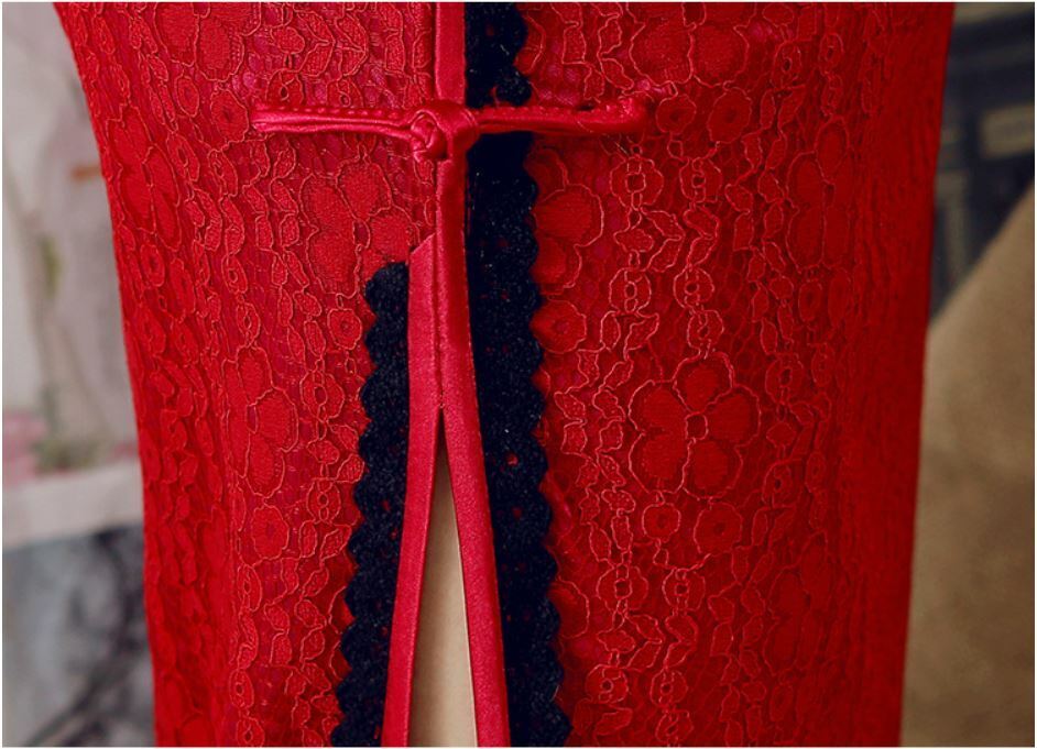 New Luxurious China Red Chinese Short Lace Dress Cheongsam Qipao lcdress84