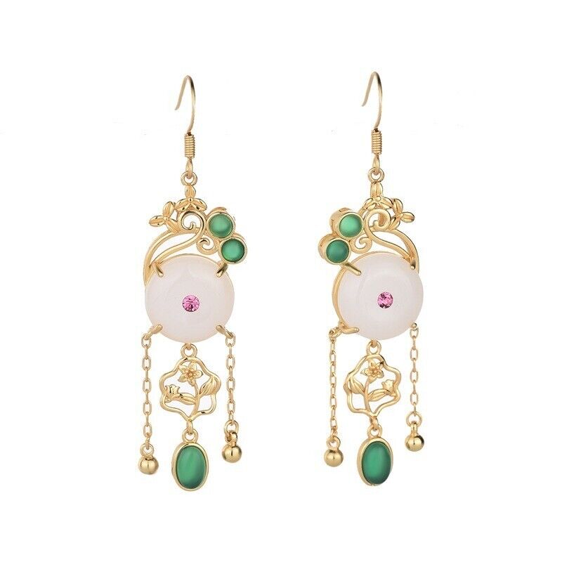 Chinese Gold Plated Phoenix Jade Earrings with Pink Diamond & Green Jade Accents