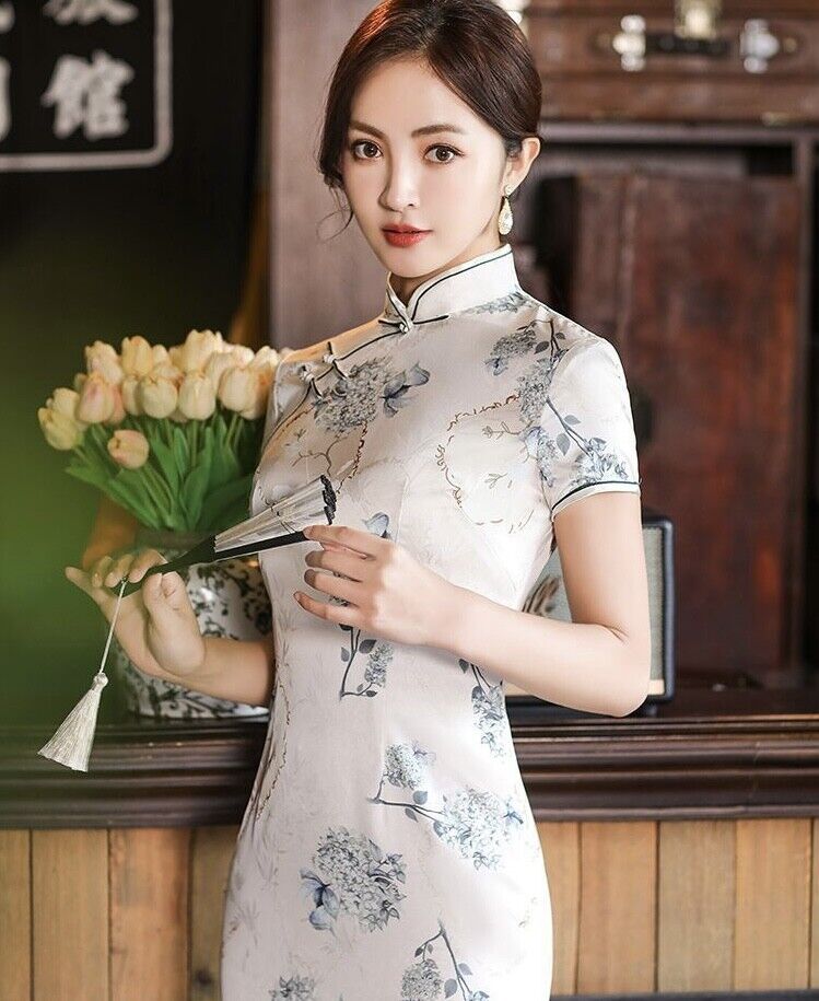 New Chinese White Blue Blossom Floral Prints Satin Short Cheongsam Qipao Dress