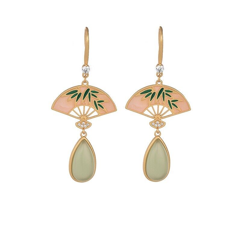 Chinese Style Gold-plated Cloisonne Palace Fan Earrings with Vintage Hetian Jade